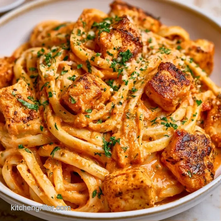 Swirls of creamy red-tinted pasta topped with seared chicken breast and a sprig of basil in a ceramic bowl.