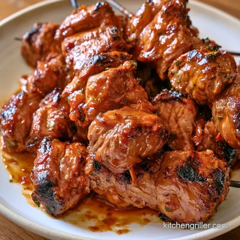 Charred meat skewers arranged neatly on a white ceramic plate with a side of fluffy white rice and fresh parsley.