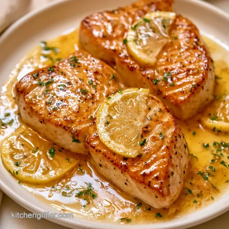 Thick, seared fish fillet drizzled in glossy lemon butter sauce, paired with a charred lemon wedge and microgreens.