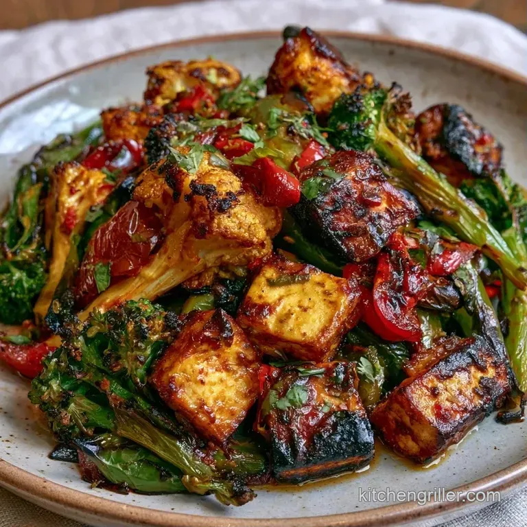 Charred orange vegetables arranged on a sleek slate board with a swirl of bright green chutney and lemon wedges.
