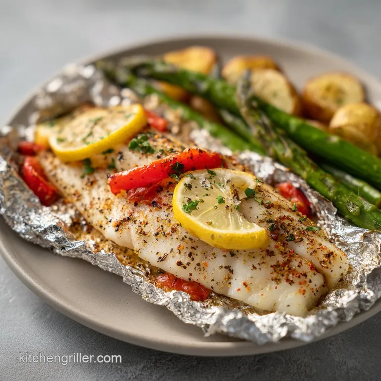 Grilled tilapia fillet, seasoned with lemon pepper, rests on quinoa; bright yellow lemon wedge & verdant greens complete t...