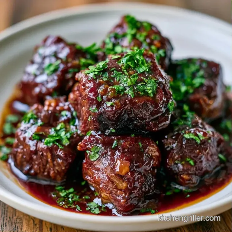A neatly plated slice of juicy beef atop creamy mashed potatoes, drizzled with glossy sauce and a fresh parsley sprig.