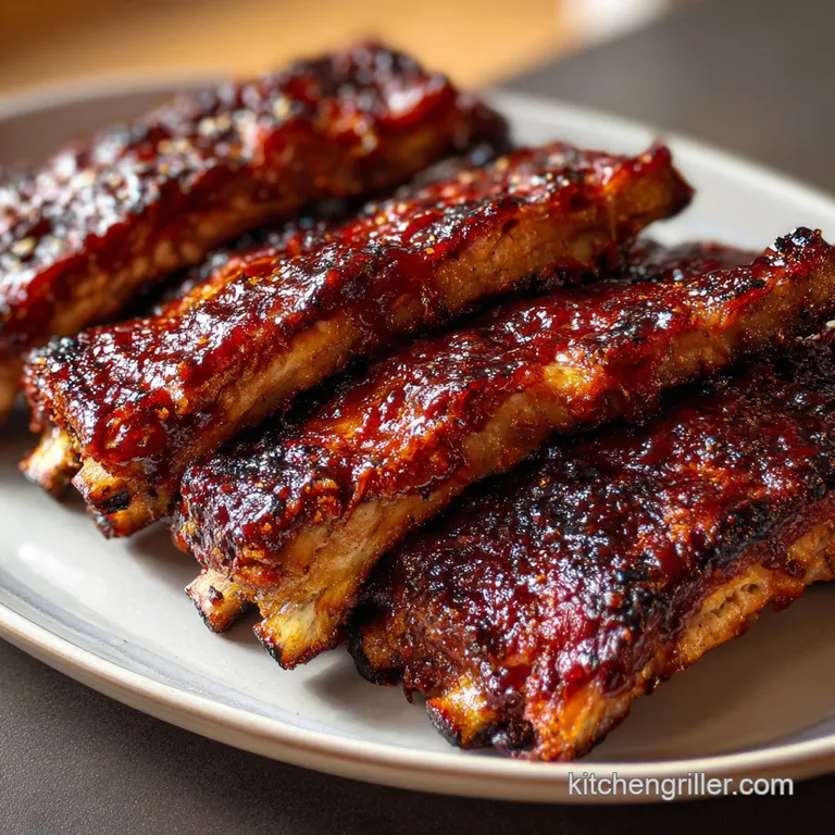 Perfectly stacked BBQ ribs, glistening with sauce, presented on a plate with a sprig of rosemary. Smoke is rising.