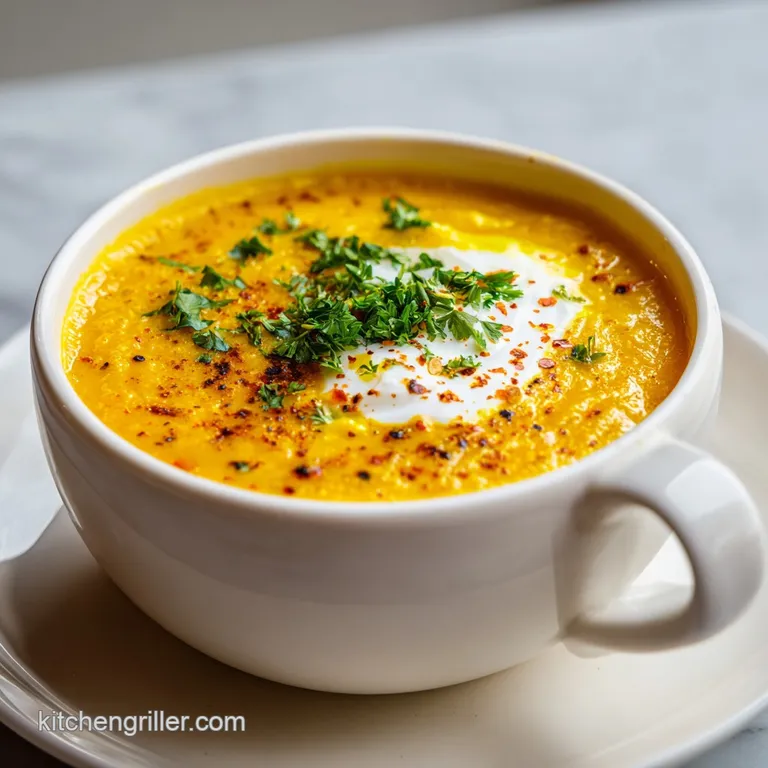 Steaming bowl of golden soup with bright green herbs, garnished with a swirl of coconut milk and a drizzle of oil.