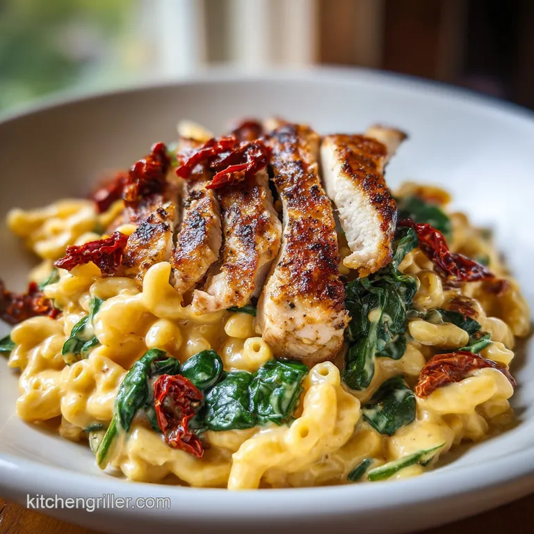Golden cheesy pasta with succulent chicken served in a matte bowl with sun-dried tomatoes and fresh green herbs.