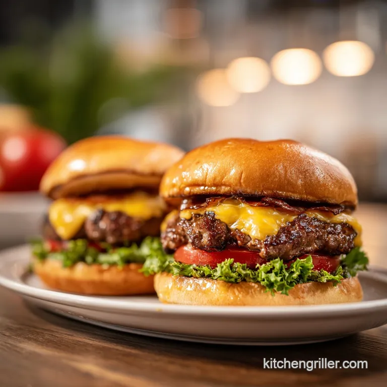 A perfectly seared burger, piled with vibrant lettuce and tomato, artfully arranged on a rustic plate.
