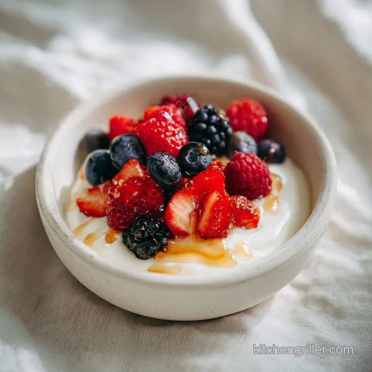 Creamy yogurt bowl artfully arranged with plump blueberries, raspberries, and a graceful honey swirl, a visually delightfu...