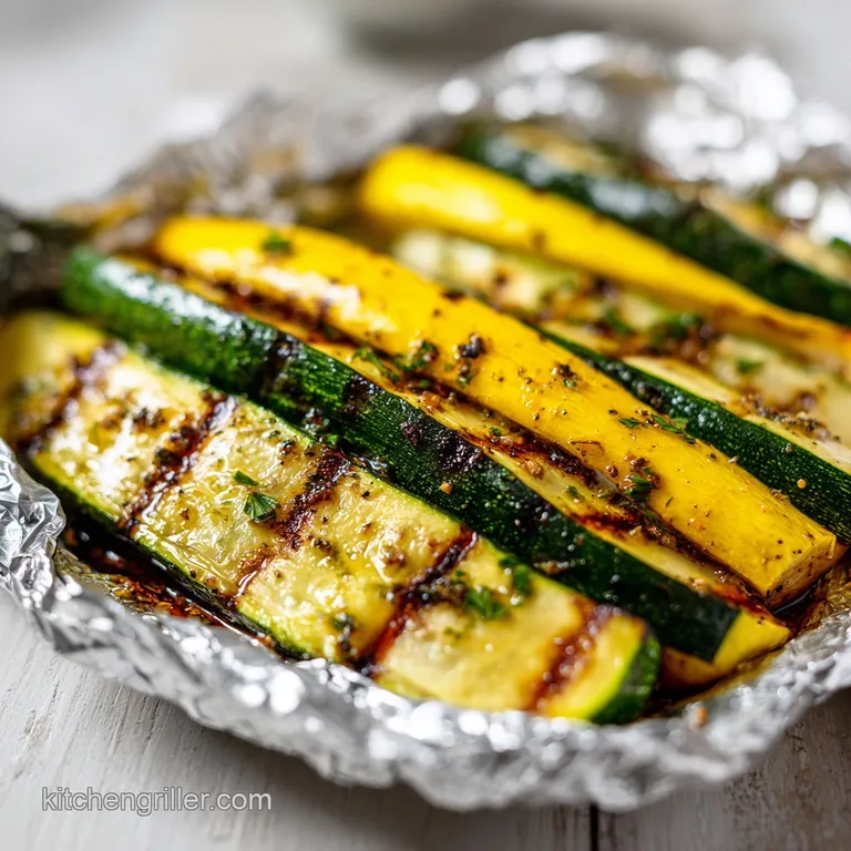 Grilled zucchini and yellow squash ribbons artfully arranged on a white plate, showcasing charred edges and a sprinkle of ...